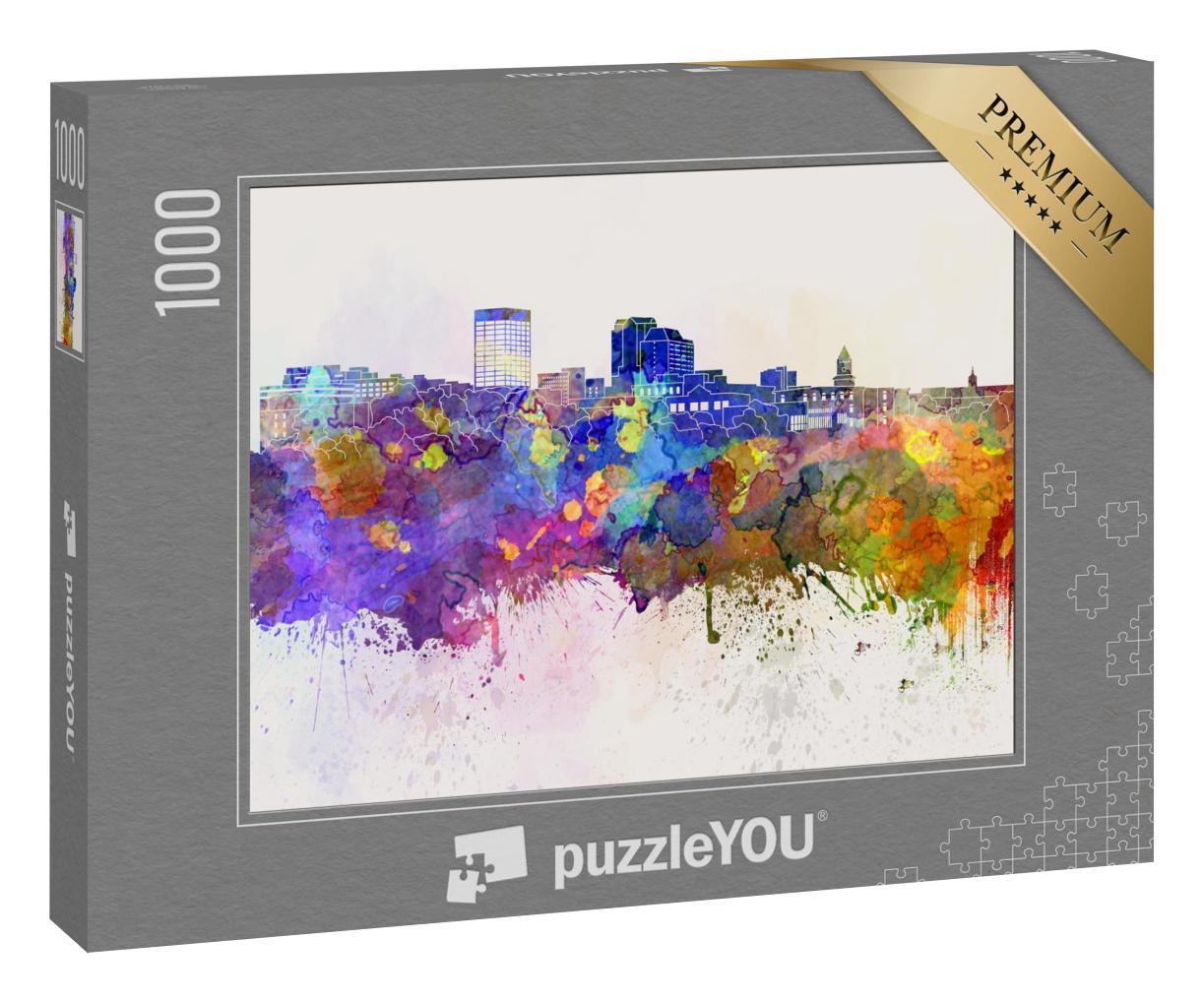 Puzzle 1000 Teile „Digitale Kunst: Skyline von Manchester im Aquarell-Hintergrund“