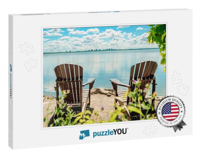 Two Muskoka Chairs by the Water on Home Terrace with Calm... Jigsaw Puzzle