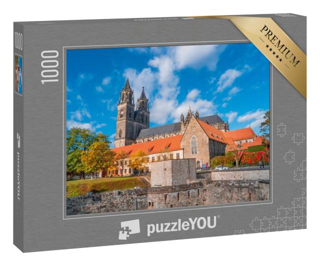 Puzzle 1000 Teile „Der prächtige Magdeburger Dom bei Sonnenuntergang im Herbst, Sachsen-Anhalt“