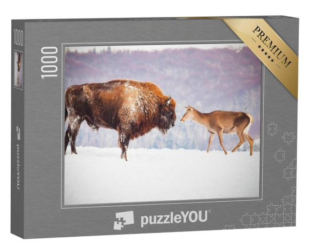 Puzzel 1000 stukjes „Europese bizons en herten in de winter“