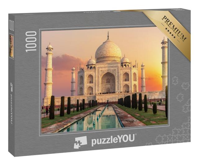 Puzzle 1000 Teile „Taj Mahal bei Sonnenuntergang, wunderschöne Landschaft in Indien“