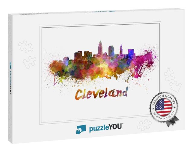 Cleveland Skyline in Watercolor Splatters with Clipping P... Jigsaw Puzzle
