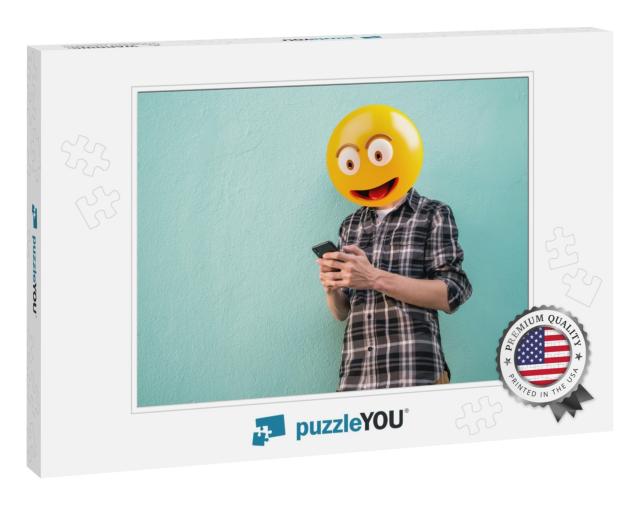 Emoji Head Man Using a Smartphone. Emoji Concept... Jigsaw Puzzle