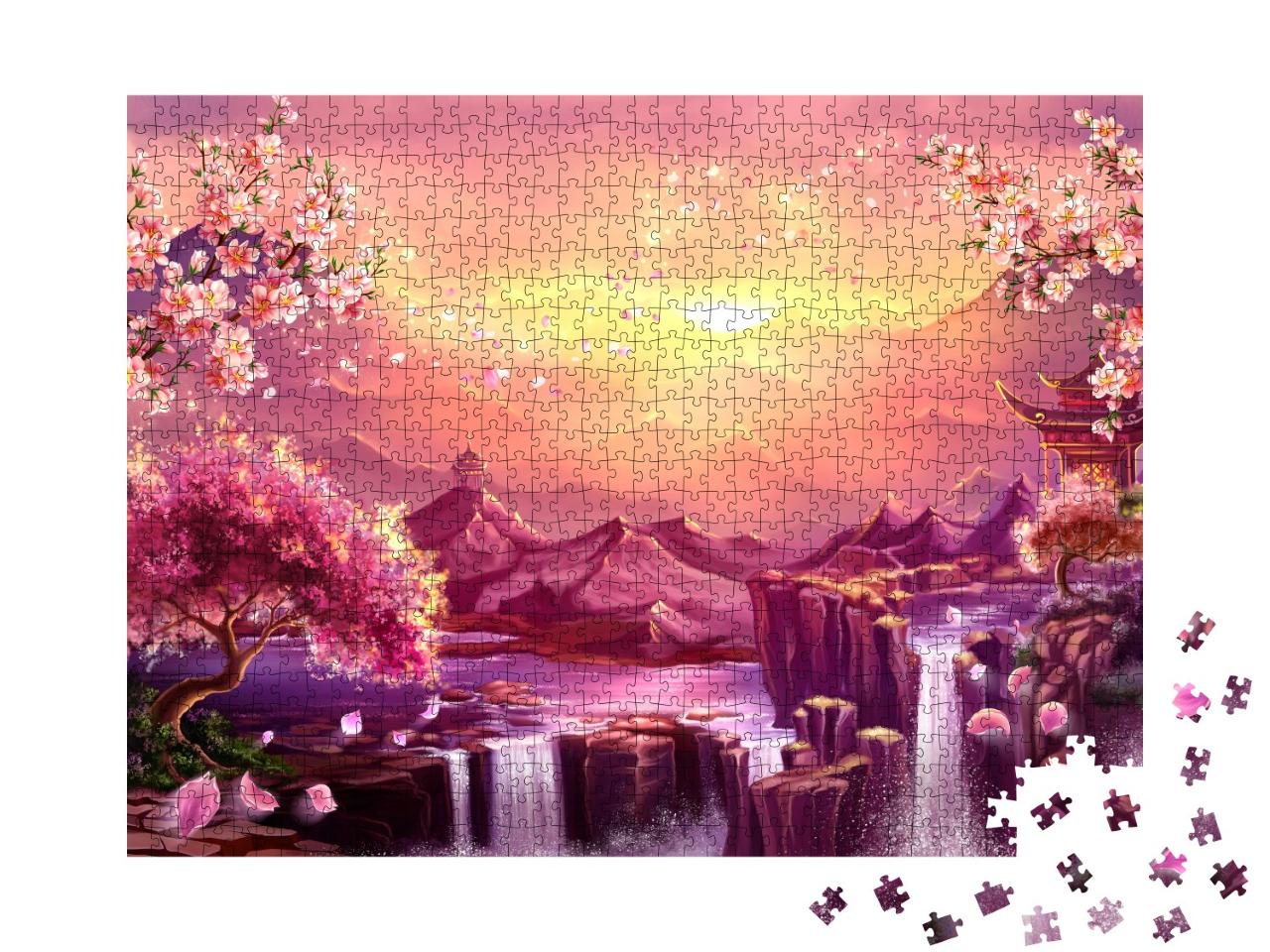 Puzzle 1000 Teile „Digitale Kunst: Japanische Kirschblüte in der Dämmerung der Berge “