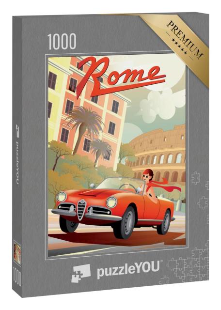 Puzzle 1000 Teile „Retro-Plakat: junge Frau fährt rotes Retro-Auto, im Hintergrund Kolosseum, Rom“