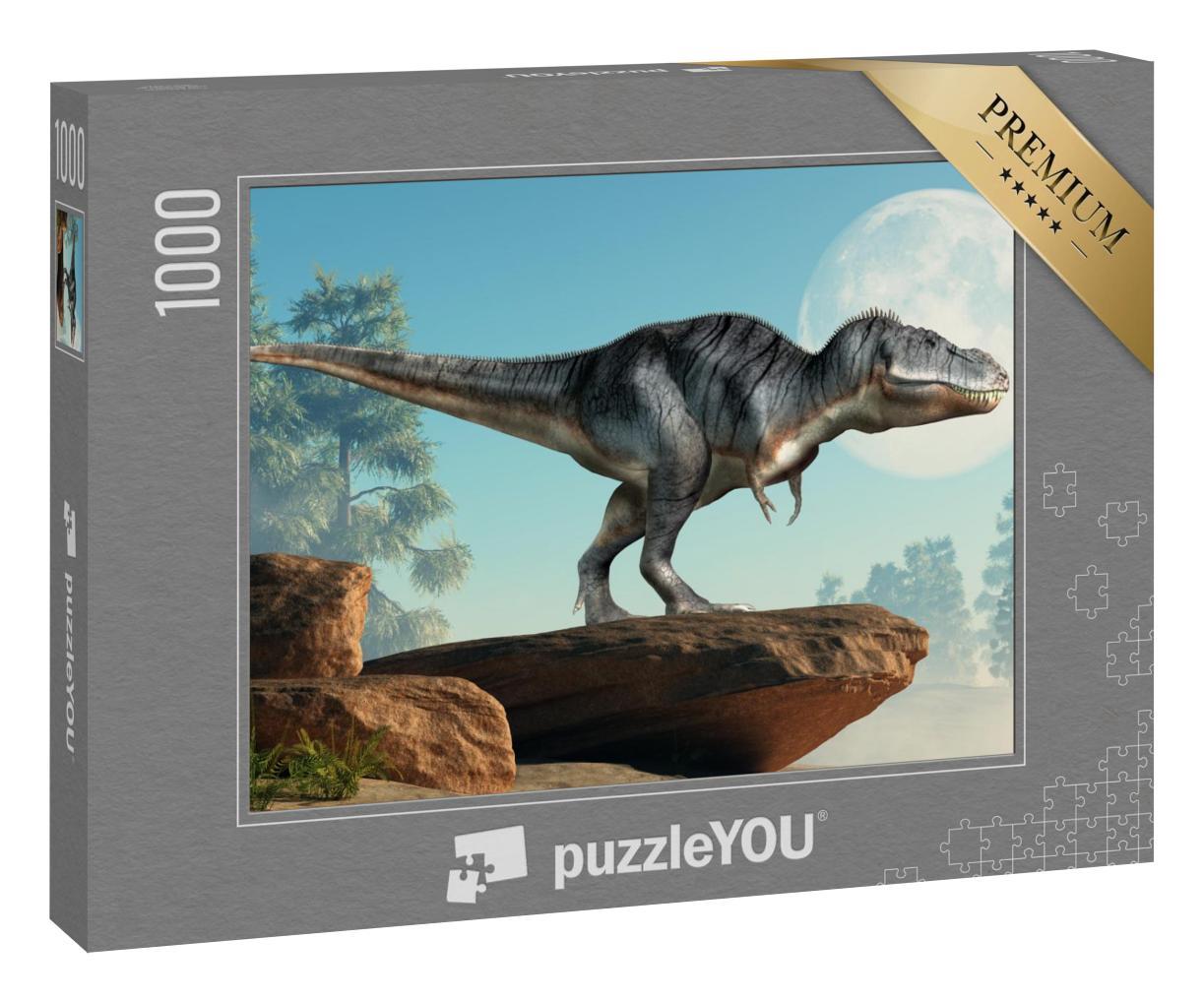 Puzzle 1000 Teile „Tyrannosaurus Rex auf einer Klippe im Vollmond“