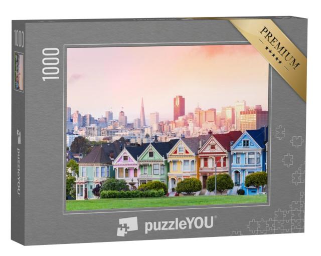 Puzzel 1000 stukjes „Geschilderde dames voor de skyline van San Francisco bij nacht“