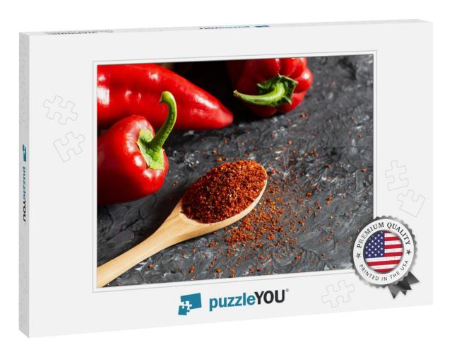 Fresh Capia Peppers & Chili Flakes or Powder in Wooden Sp... Jigsaw Puzzle