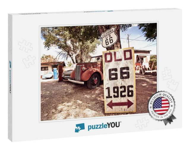 Old Route 66 Signs with Rusty Cars in Background... Jigsaw Puzzle