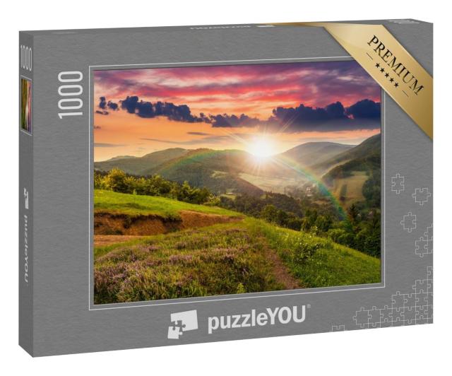 Puzzle 1000 Teile „Regenbogen im Sonnenuntergang über waldbewachsenen Hügeln“