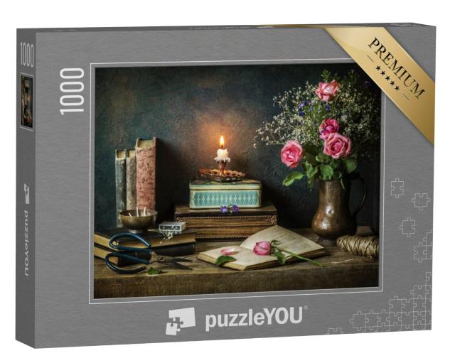 Puzzel 1000 stukjes „Stilleven met oude boeken, dozen en rozen“