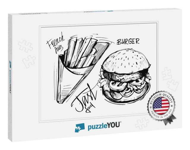 French Fries & Burger. Hand Drawn Sketch Converted to Vec... Jigsaw Puzzle