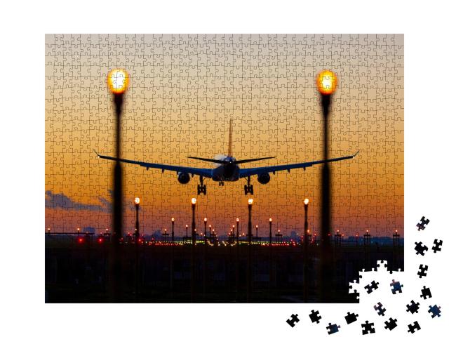 Puzzle 1000 Teile „Sonnenuntergang bei der Landung auf dem Flughafen Brüssel Zaventem“
