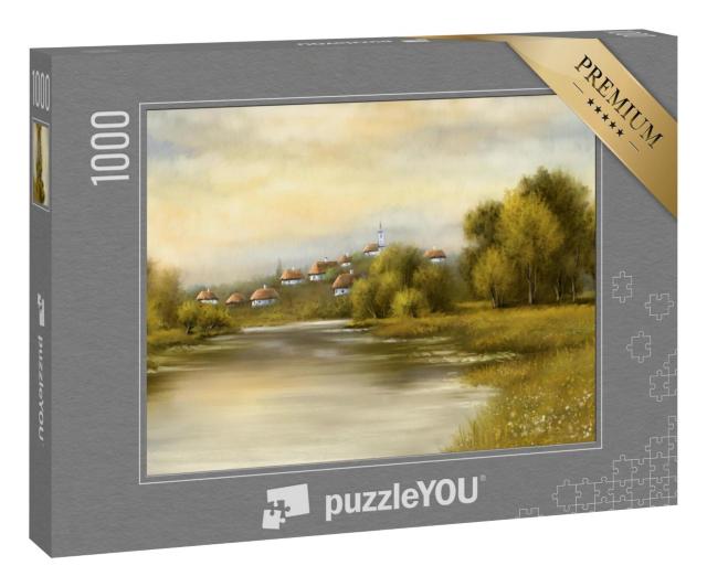 Puzzle 1000 Teile „Digitales Ölgemälde: Altes Dorf am Fluss“