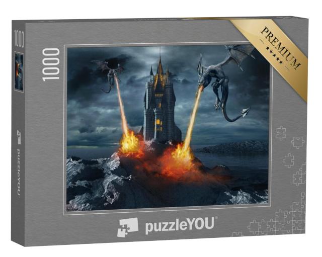 Puzzel 1000 stukjes „Twee draken vallen het kasteel aan“