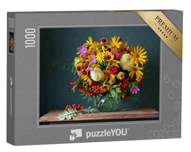 Puzzel 1000 stukjes „Herfstboeket met prachtige tuinbloemen en lijsterbessentakken“