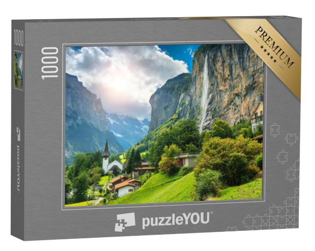 Puzzel 1000 stukjes „Pittoresk alpendorp met de Staubbach waterval, Lauterbrunnen, Zwitserland“