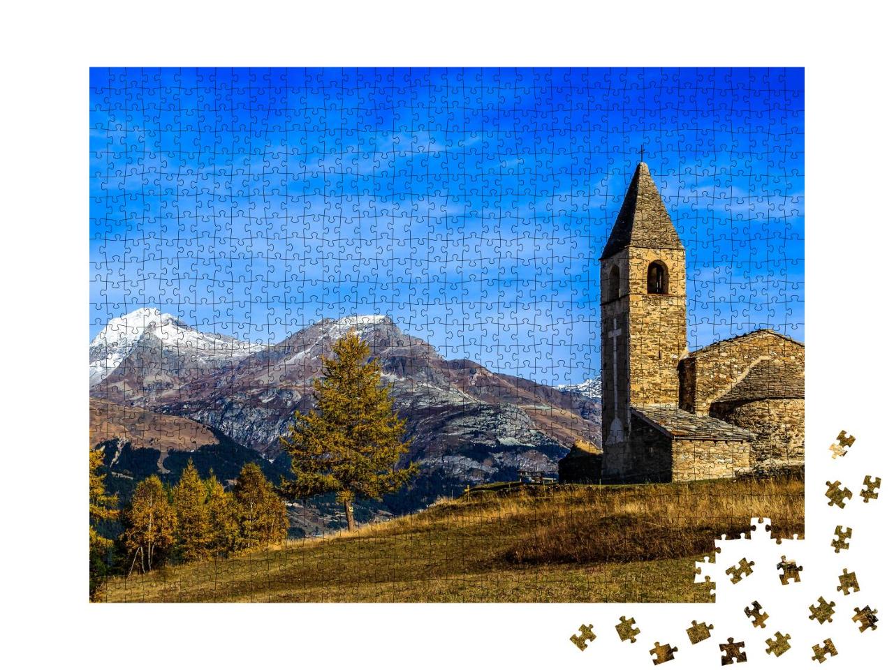 Puzzle 1000 Teile „Bergkirche aus Stein, mittelalterliche Kirche in den Bergen“