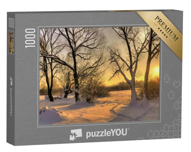 Puzzel 1000 stukjes „Prachtige winter zonsondergang met bomen in de sneeuw“