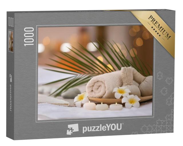 Puzzel 1000 stukjes „Mooie spacompositie op een massagetafel in het wellnesscentrum“