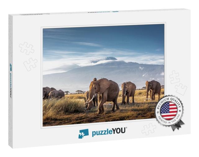 Herd of Large African Elephants Walking in Front of Mount... Jigsaw Puzzle