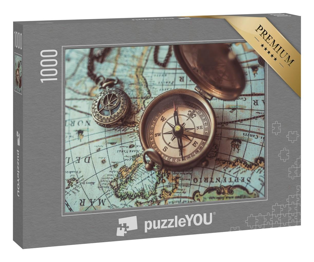 Puzzle 1000 Teile „Antiker Kompass aus Bronze und binokulare Teleskope auf einer alten Weltkarte“