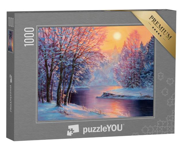 Puzzel 1000 stukjes „Olieverfschilderij: Koud winterbos bij zonsondergang“