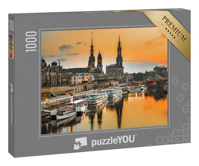 Puzzle „Dresdner Skyline an der Elbe im Sonnenuntergang, Deutschland“