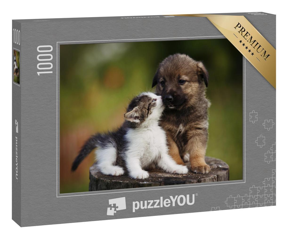 Puzzle 1000 Teile „Freundschaft: Hundewelpe und Kätzchen“