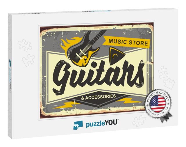 Guitar Store Retro Advertisement Sign Board with Electric... Jigsaw Puzzle