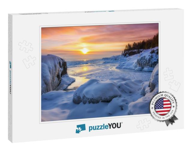 Frozen Lake Superior Sunrise At Presque Isle Park, Winter... Jigsaw Puzzle