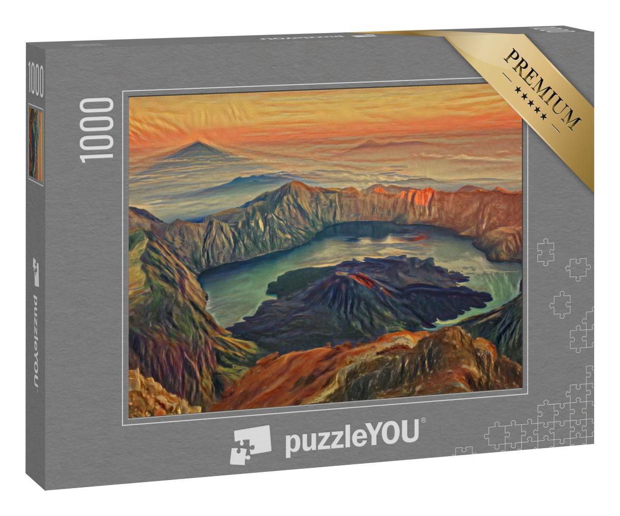 Puzzle 1000 Teile „im Stil von Edvard Munch, Der Schrei - Sonnenaufgang vom Berg Rinjani, Lombok, Indonesien“