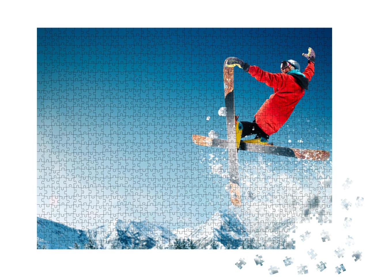 Puzzle 1000 Teile „Skifahrer beim Sprung mit gekreuzten Skiern“