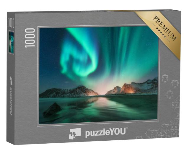 Puzzel 1000 stukjes „Noorderlicht op de Lofoten met een sterrenhemel, Noorwegen“