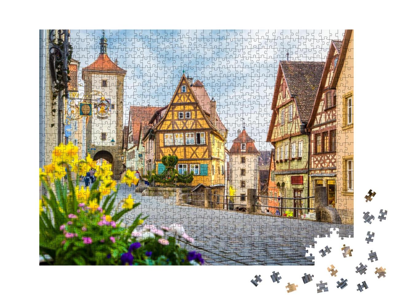 Puzzle 1000 Teile „Stadt Rothenburg ob der Tauber mit blühenden Blumen, Bayern, Deutschland“