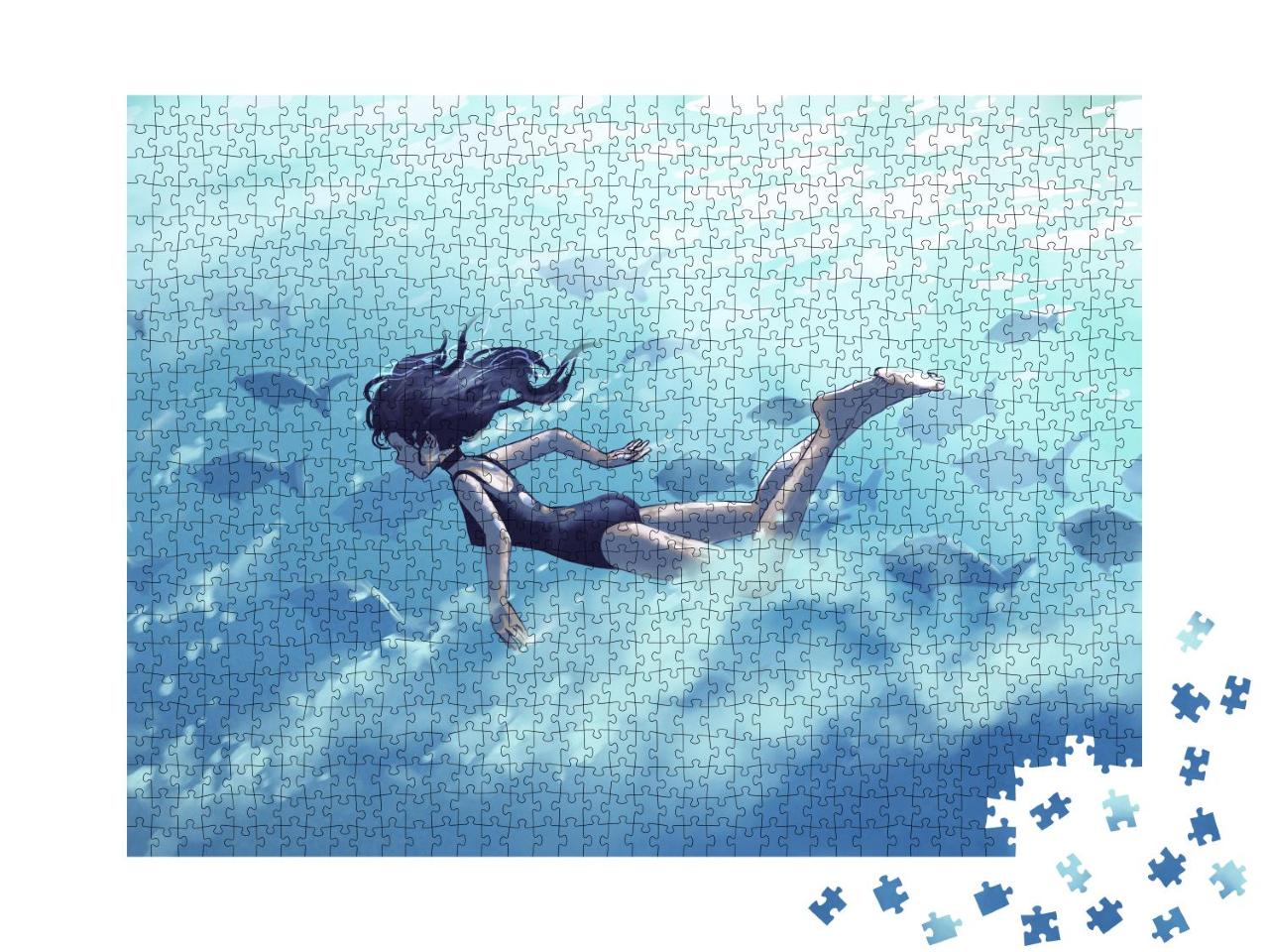 Puzzle 1000 Teile „Digitale Kunst: Junge Frau beim Tauchen mit einem Fischschwarm im Meer“