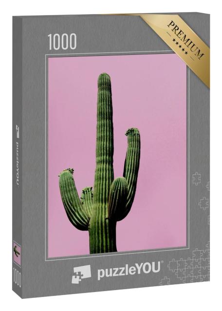 Puzzle 1000 Teile „Minimalistische Ansicht: Kaktus auf rosa Hintergrund“