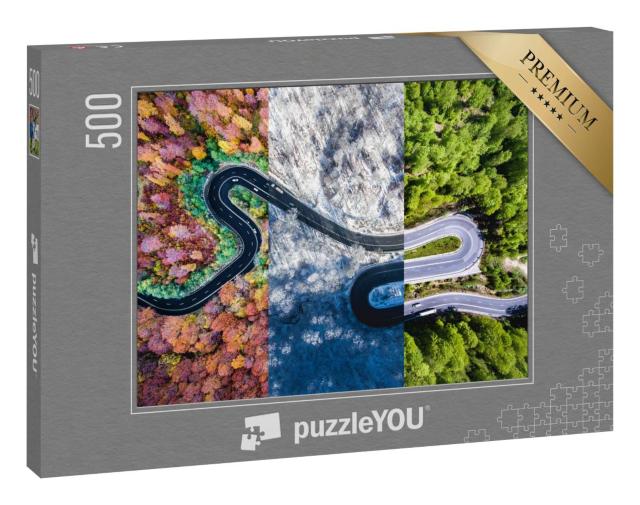 Puzzle 500 Teile „Kurvenreiche Straße im Wald, Herbst-, Sommer- und Winterzeit-Collage, Luftaufnahme“