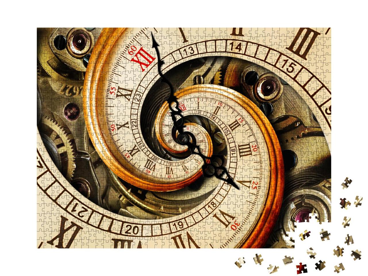 Puzzle 1000 Teile „Goldgelbe antike Uhr, Spirale, Uhrwerk im Hintergrund, römische und arabische Ziffern“