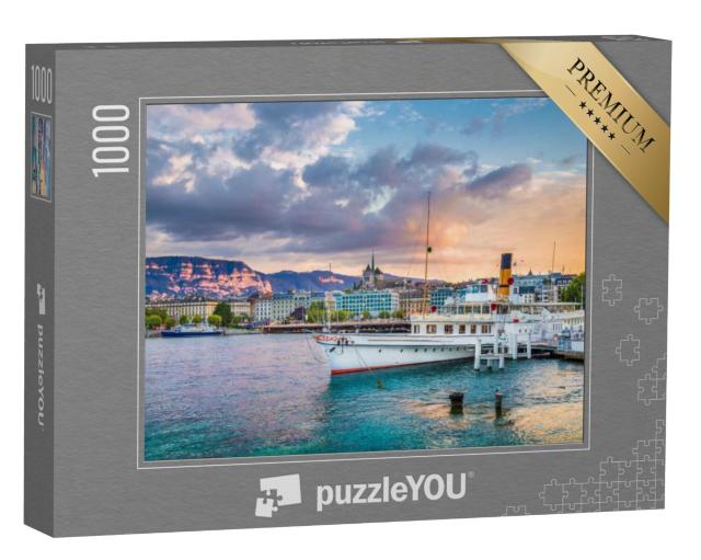 Puzzel 1000 stukjes „Panoramisch uitzicht op het centrum van Genève en het meer van Genève, Zwitserland“