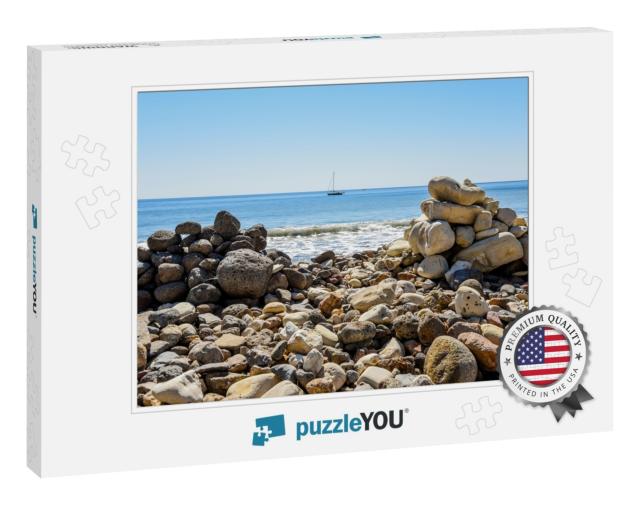 Stones on Beach At Smugglers Cove with Boat in the Distan... Jigsaw Puzzle
