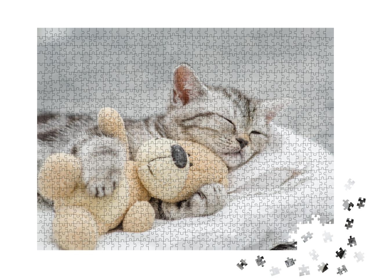 Puzzle 1000 Teile „Niedliches Kätzchen schmust mit einem Teddy“