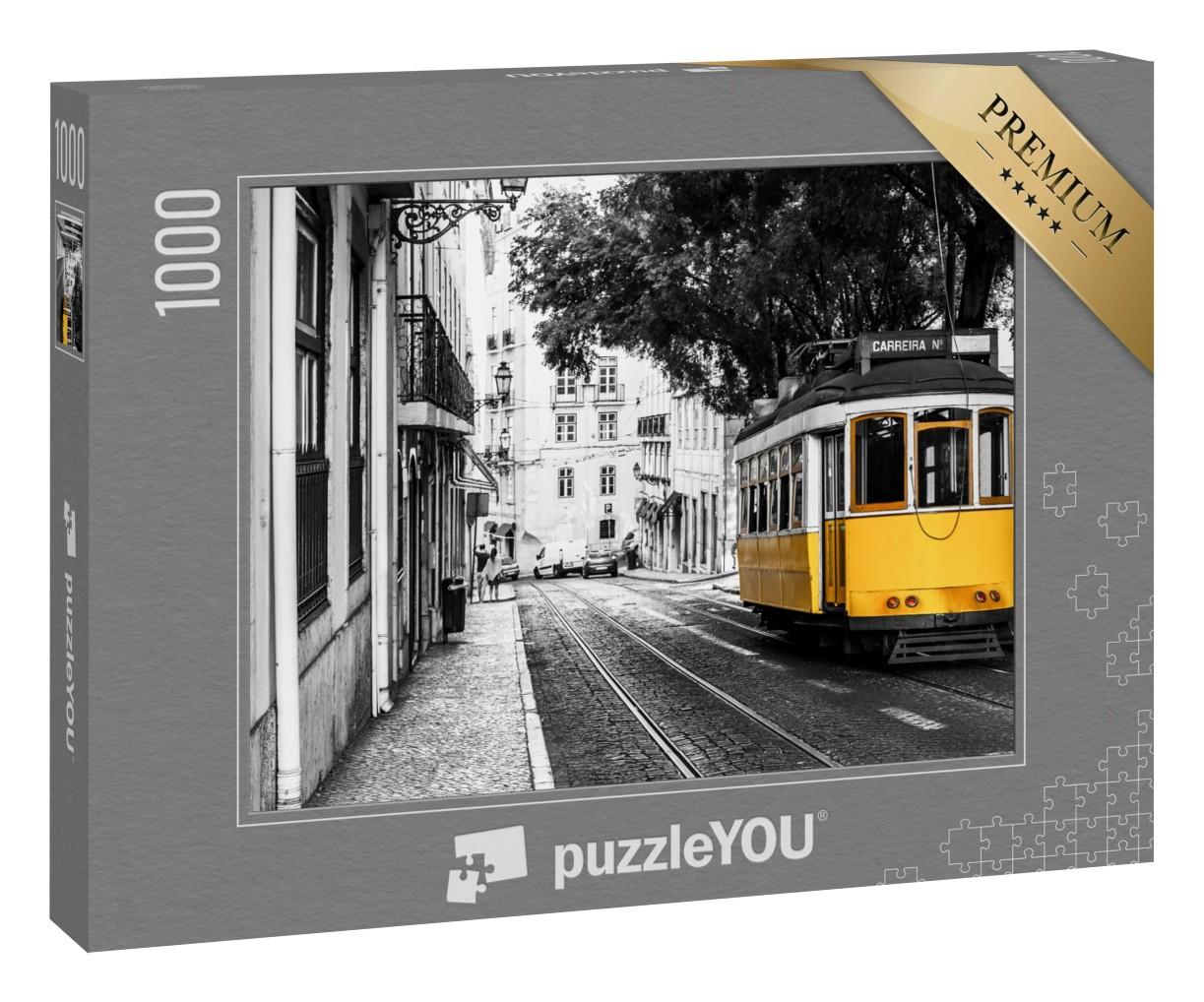 Puzzle 1000 Teile „Gelbe Straßenbahn auf alten Straßen von Lissabon, Portugal“