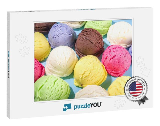 Colorful Various Ice Cream Scoops Pattern on Pastel Blue... Jigsaw Puzzle