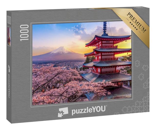 Puzzle 1000 Teile „Kirschblüte am Berg Fuji und die Chureito-Pagode bei Sonnenuntergang, Japan“