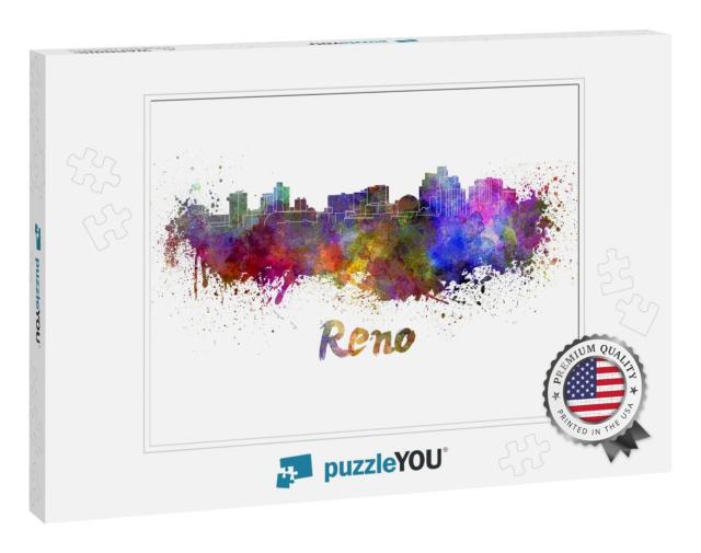 Reno Skyline in Watercolor Splatters with Clipping Path... Jigsaw Puzzle