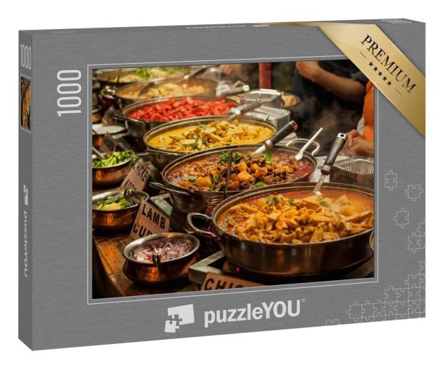 Puzzle 100 Teile „Indischer Imbiss auf einem Londoner Markt“
