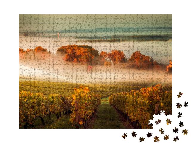 Puzzle 1000 Teile „Weinberge bei Sonnenuntergang im Nebel, Bordeaux, Frankreich, Europa“