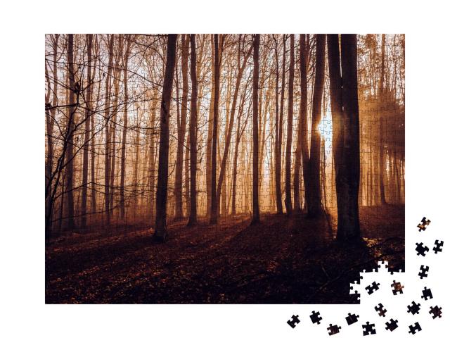 Puzzle 1000 Teile „Mystischer Herbstwald mit Sonnenstrahlen zwischen den Bäumen“