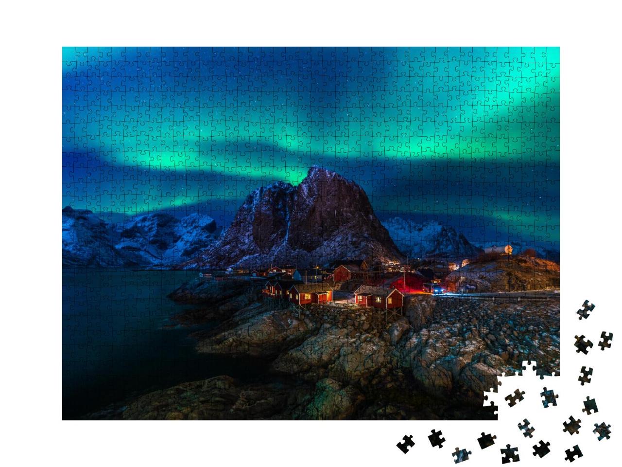 Puzzle 1000 Teile „Polarlichter in einem kleinen Fischerdorf in Norwegen“